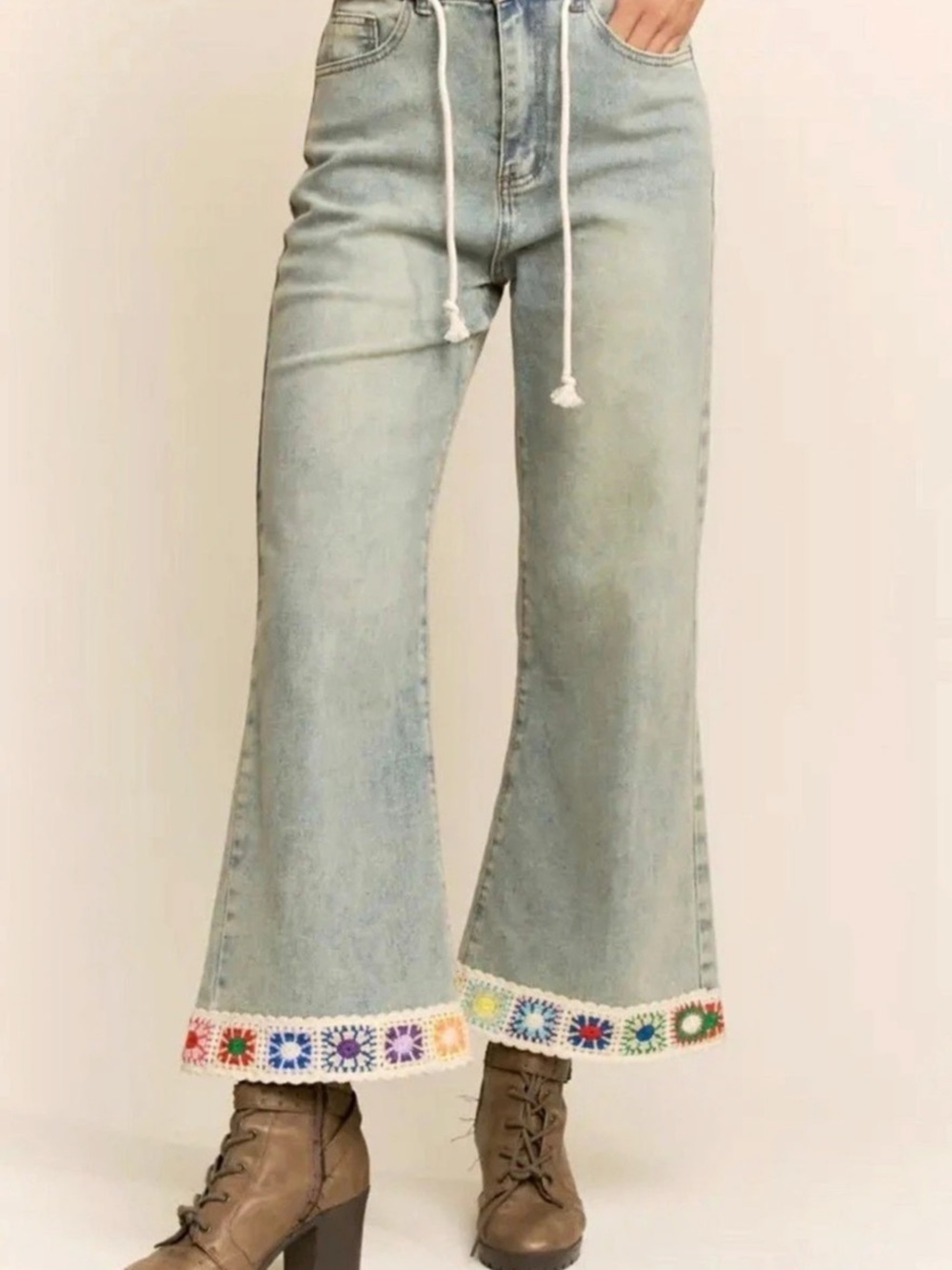 Davi & Dani Crochet Hem Flare Jeans in Blue